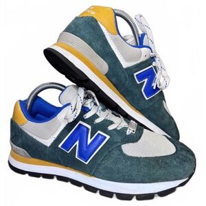 New Balance 574 Rugged Green Blue Yellow Suede Sneakers Men's Size 6.5